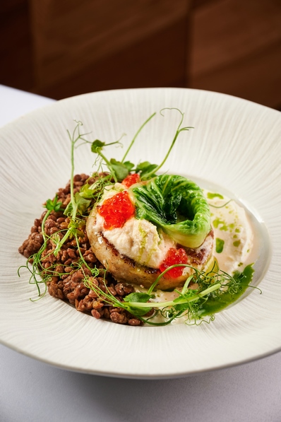 Щука-пайк с чечевицей, пеной из корня сельдерея и лимонной цедрой